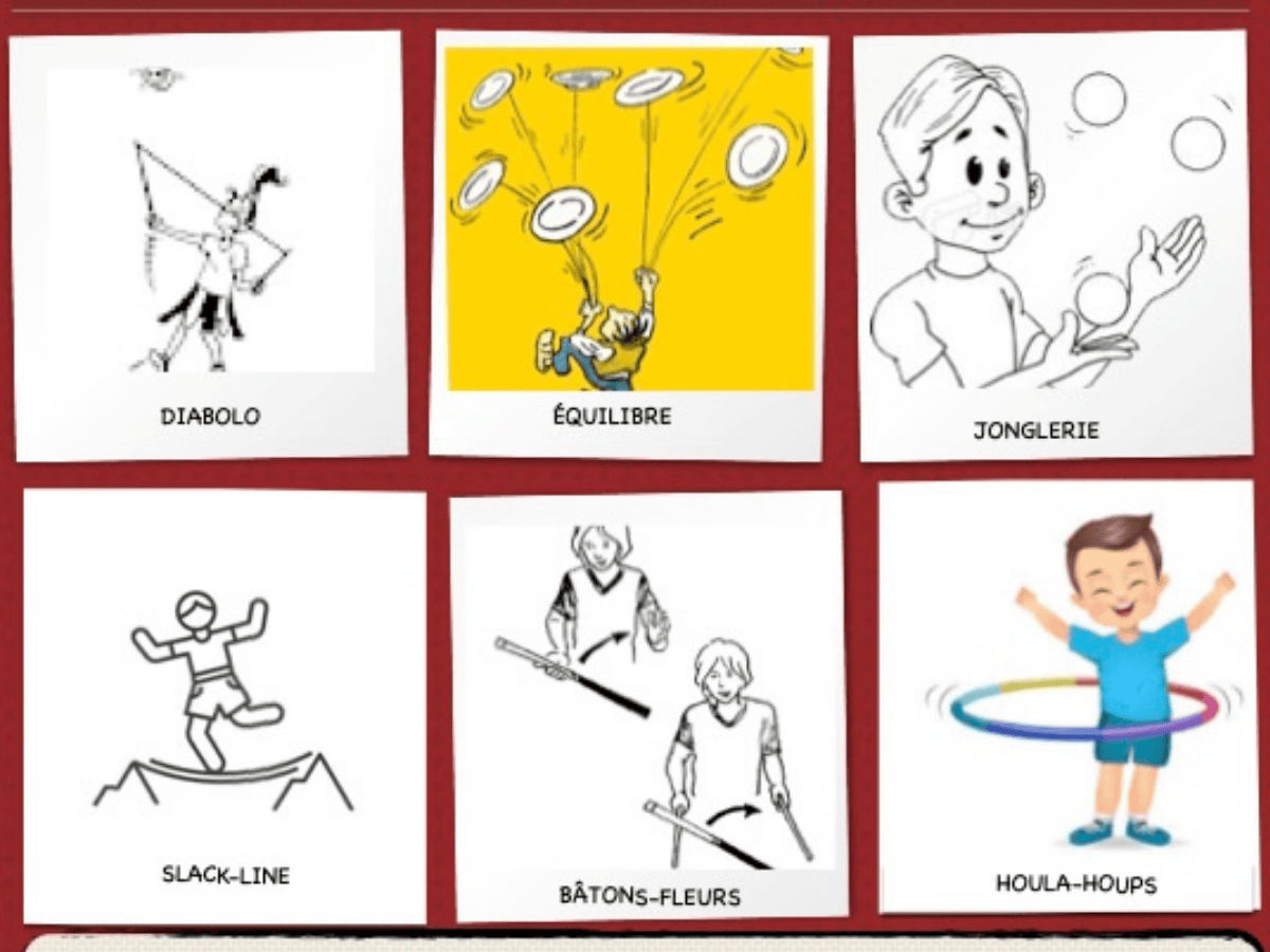 Atelier de cirque “Viens essayer” : visuels de jonglerie, diabolo, slackline, hula-hoop, équilibre et bâton fleur. Activité clé en main pour écoles, camps, services de garde et événements jeunesse.