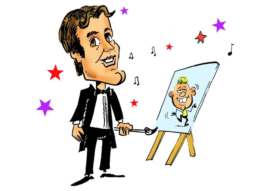 Dessin d'un caricaturiste avec un chevalet et un portrait