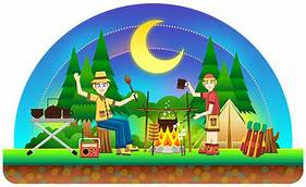 Illustration de Bernard et son ami dans un camping autour d'un feu sous la lune