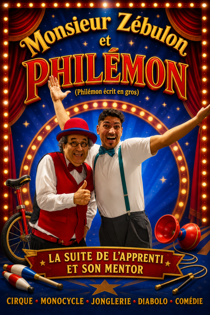 À la fin de L’apprenti et son mentor, Monsieur Zébulon, artiste d’expérience, annonce à Philémon, jeune technicien rêvant de devenir artiste de cirque qu’il est enfin devenu un véritable artiste de cirque et l’invite à créer un nouveau spectacle avec lui. Le rêve de Philémon se réalise : il partagera désormais la scène avec son idole, non plus comme apprenti, mais comme partenaire. Dans cette nouvelle aventure remplie de cirque et de comédie, les deux complices présentent ensemble des numéros inédits de jonglerie variés , de diabolo et de monocycle, du petit monocycle jusqu’à la girafe! Contrairement à dans L’apprenti et son mentor où M. Zébulon mène le bal, cette fois les rôles se renversent parfois : Philémon transmet à son tour ses connaissances et son énergie à Monsieur Zébulon. Une belle complicité entre deux générations, où chacun aide l’autre à évoluer, à se dépasser et à poursuivre son rêve. Bien qu’il fasse suite à L’apprenti et son mentor, ce spectacle forme une aventure entièrement autonome, facile à comprendre et à apprécier sans avoir vu le premier volet.